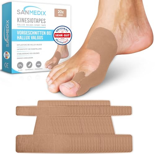 Sanmedix Hallux Valgus Kinesiotapes – 20 vorgeschnittene Sport & Physio Tapes für Zeh und Fuß – Precut Kinesiologie Tape bei Ballenzehen, hautfreundlich und latexfrei (Beige, 20 Stück)