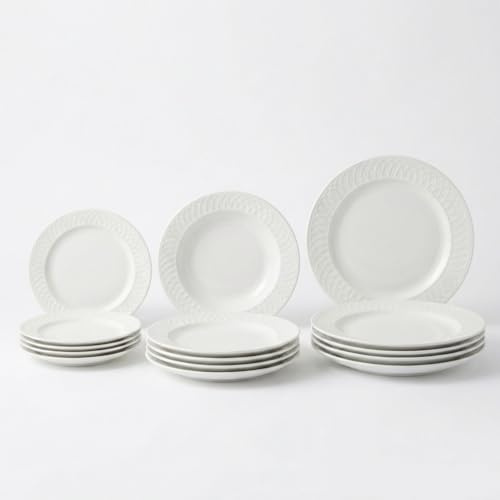 SANTA CLARA | Vajilla Completa 12 Piezas Vidrio Opal para 4 Personas, Apta Microondas y Lavavajillas, Vajilla Cerdeña en Opal con Relieve Reforzado para Hogar y Cocina