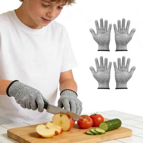 Cutefat Guantes Anticorte Nivel 5 para Niños de 9-12 Años 18 cm XS | 2 Pares de Guantes de Trabajo Anticortes, Guante Cocina Protector para Manualidades y Escultura, Gris
