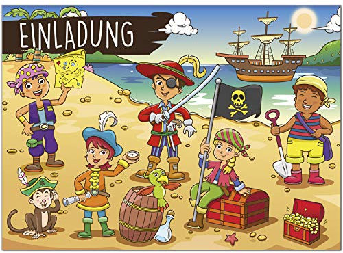 8 Einladungskarten Kindergeburtstag mit Umschlägen, Motiv Piraten, Karte Geburtstag Einladung zum Ausfüllen