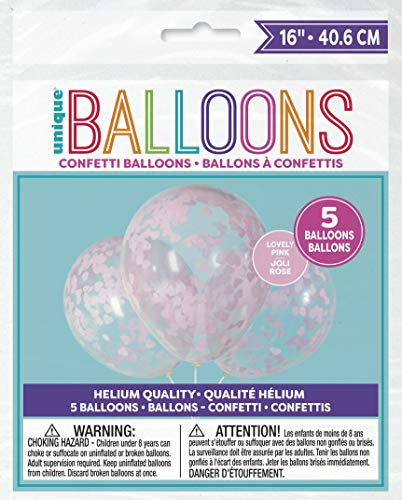 Unique-16 Clear Latex Balloons | Cute Pink Heart Confetti | 5ct Simpatico cuore rosa Palloncini Coriandoli-40 cm-Baby Shower con Cuori Confezione da 5, large, 73379