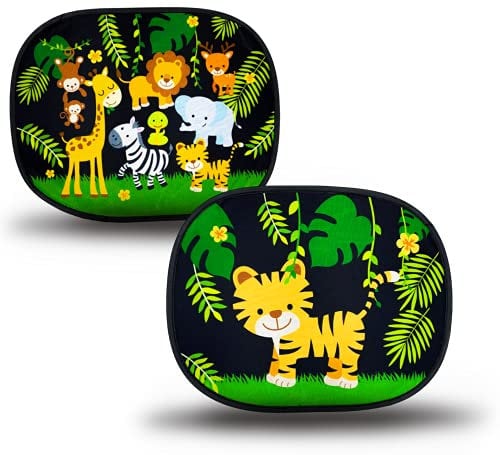 HECKBO 2X Parasol Autoadhesivo para Coche - protección Solar para niños - Animales de la Selva Jungla - 44x36cm - protección Solar para ventanillas de Coche - Ventana Lateral - parasoles con Bolsa