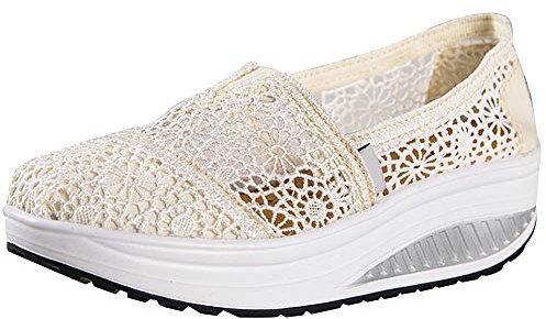 Zapatillas Balancin Mujer Tejer Cordón Ponerse Cuña Comodas Casual Zapatos para Caminar(Beige,37 EU)