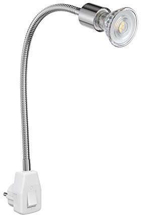 ledscom.de Steckdosenlampe LESCH Leselampe Schwanenhals, Schalter, Chrom inkl. GU10 LED Lampe PAR5,3W 504lm 50° weiß