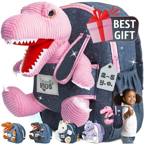 Naturally KIDS Rucksack Kinder m Dinosaurier Spielzeug ab 2 Jahre, Kindergartenrucksack Mädchen, Geschenk Mädchen 3 Jahre, Rosa Dino Kuscheltier