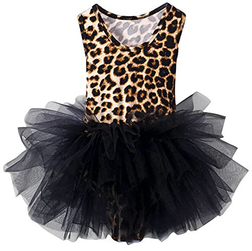 Mufeng Kids Girls Ballet Dance Dress Tutu Skirts Short Sleeve Leotard Tutu Skirt Ballerina Performance Dancewear Leopard 7-8 Years