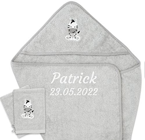 Babykajo Baby Handtuch personalisiert mit Namen und Geburtsdatum Oeko Tex Zertifiziert – Kapuzenhandtuch 80x80cm + 2 Baby Waschlappen aus 100% Baumwolle – Babygeschenke zur Geburt Junge und Mädchen.