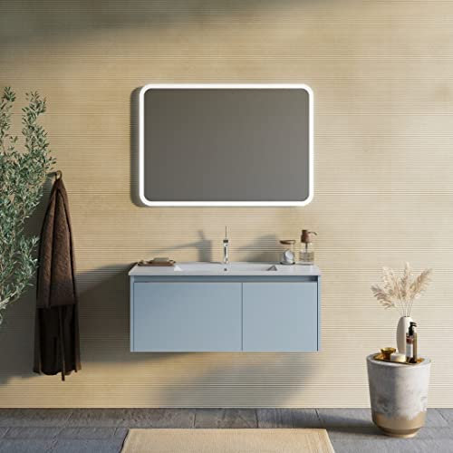 Kiamami Valentina Mueble de baño 100cm Azul Celeste Mate, Lavabo de cerámica, Espejo | Mónaco
