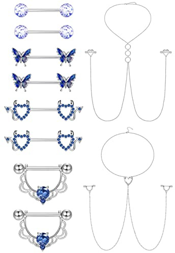JOERICA 14G Stainless Steel Nipple Rings for Women CZ Butterfly Heart Nipple Rings with Choker Necklace Nipple Barbell Body Piercing Jewelry