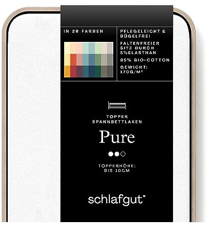 schlafgut Pure Topper Spannbettlaken 90x200 cm Bio-Baumwolle, Full-White | Bettlaken, Spannbetttuch 100x200, 90x190 bis 100x220 cm, Weiß, Topper, bis 10 cm Steg, Baumwolle Elasthan