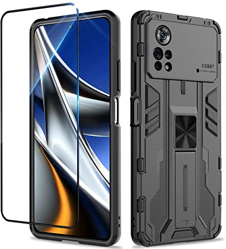 Btstring Funda para Xiaomi Poco X4 Pro con Cristal Templado Protector Pantalla, Carcasa Protectora Antigolpes con Soporte Reforzado- Negro