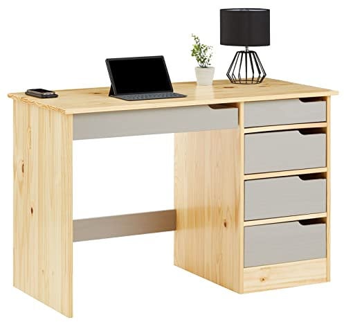 IDIMEX Schreibtisch Hugo aus massiver Kiefer in Natur/grau, schöner Schülerschreibtisch mit 5 Schubladen, praktischer Bürotisch mit Querstrebe für Stabilität