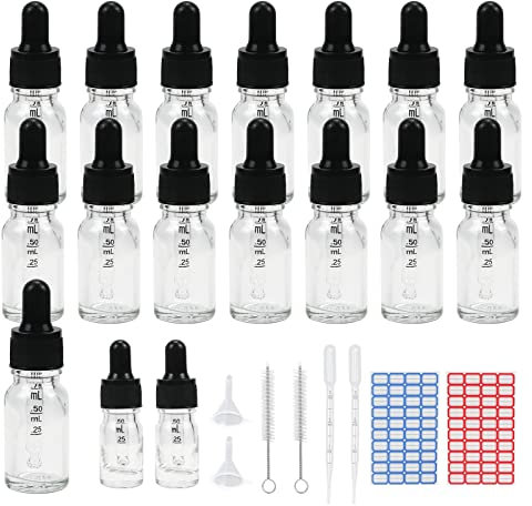 Reyshin 10ml Glass Dropper Bottles, 15 Pack Clear Glass Bottle with Dropper Pipettes Refillable Sample Dropper Bottle for Essential Oil Massage Aromatherapy Eye Drops (10ml transparent)