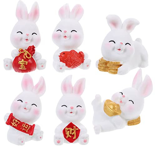 EXCEART 6 Stücke Chinesisches Neujahr Kaninchen 2023 Figur Mini Figuren Miniatur Hase Glück Tier Modell Jahr des Auto Dekor Souvenir Geschenk, 5X2.5cm