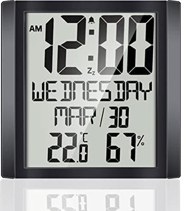 ThreeH Digital Wall Clock Desk Clock with Temperature Humidity Date Week Large Display Calendar Battery Operated Alarm Clock Perfect for Seniors Aged