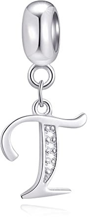 Initial T Anhänger Charm, Buchstabe T Charms Fit Pandora Halskette Armband, 925 Sterling Silber Dangle CZ Birthstone Alphabet Perlen