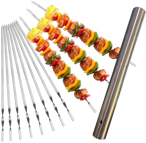 LIBRNTY 30 pinchos Pinchos morunos,Brochetas barbacoa,Agujas pinchitos,Pinchos para espetos de sardinas,Metal plano largo y reutilizable,con barril de acero inoxidable,para Barbacoa,Hoguera, Camping
