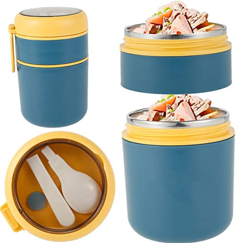 Pcapzz Insulated Food Container Thermal Lunch Box Bento 710ml Thermos for Hot Wide Mouth Jar with Foldable Spoon Portable School Office Work (Double Layer Dark Blue)