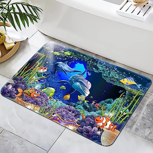 Zomer Badematte rutschfest 40x60cm Badezimmerteppich Mikrofaser Badteppich schnelltrocknende Badematten, für Badewanne Dusche Home Badezimmer, mit Meerestiere Delphin