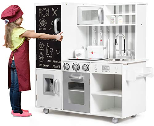 COSTWAY Cucina Giocattolo per Bambini, Cucina per Bambini con Suoni, Lavagna, Lavello, Piano Cottura e Vari Scomparti, 3 Anni+