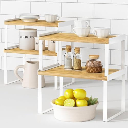 Goozii Lot de 4 étagères empilables pour comptoir de cuisine, organiseurs d'angle et étagère de rangement pour garde-manger, assiettes à épices, livres de bureau (bois de bambou, blanc)