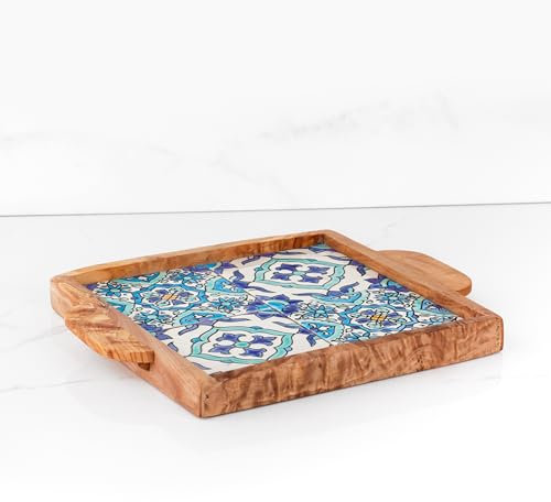 Vassoio in legno d'ulivo, con decorazione in ceramica, per caffè/tè, in puro legno d'ulivo, 100% fatto a mano, 100% biologico, vassoio decorativo (blu-bianco)