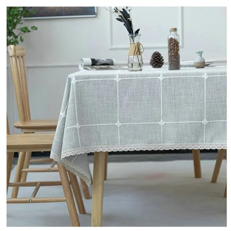 Gualiy Table Cloth Kitchen Square, Cotton Linen Table Cloth 140x260CM Plaid with Lace Edge Tableclothes for Rectangle Table, Grey