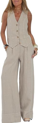 Conjunto de 2 piezas para mujer, cuello en V, sin mangas, con botones, pantalones de pierna ancha, traje de 2 piezas, conjunto de lino a juego de verano