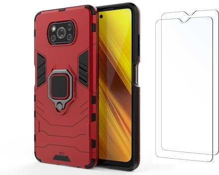 Max Power Digital Funda y 2 Cristal Templado para móvil Xiaomi Poco X3 NFC/Poco X3 Pro Carcasa Magnética con 2 Piezas Protectores Anillo Imán Antigolpes Resistente Rígida Dura (Xiaomi Poco X3, Rojo)