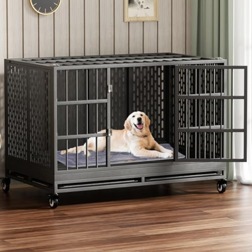 Snuowu Jaula resistente para perros de 48/42/38 pulgadas con ruedas, jaula plegable de metal para perros grandes y medianos, jaula indestructible extragrande XL XXL con bandeja extraíble.