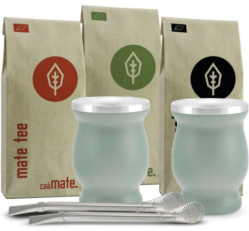 caámate. Mate Tee Set Bio ● 3 Matesorten + 2 doppelwandige Edelstahl Matebecher + 2 Bombillas + Zubereitungsanleitung (grün)