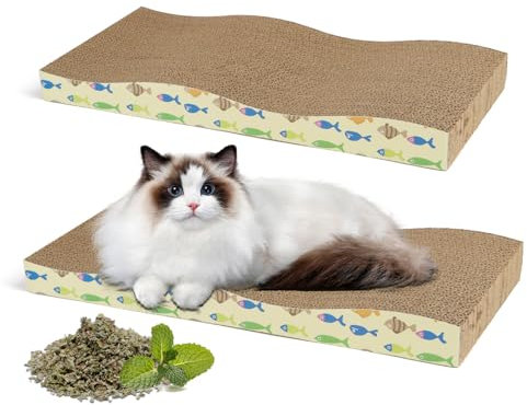 Nobleza Rascador Gatos Cartón Doble Cara 2 Piezas, Hierba Gatera, Protege Muebles, Ecológico, 44.5×21×4.5 cm, Amarillo