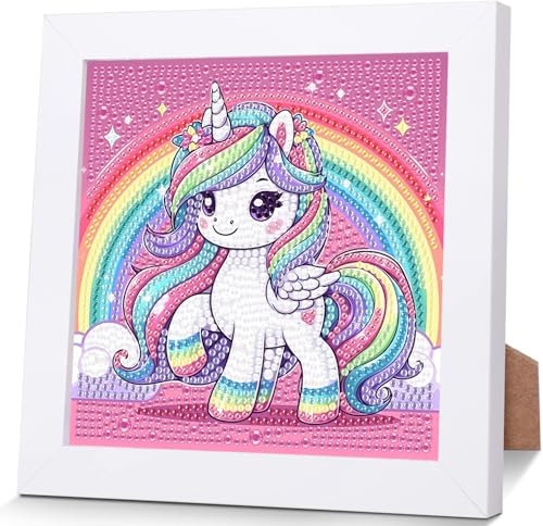 luckyarina Einhorn Diamond Painting Kinder mit Rahmen- Tiere Diamant Painting Bilder kinder, Niedlich Mosaik Bastelset Kinder als Geschenk für Home Wand Décor 18X18CM