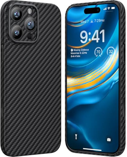 memumi Carbon Hülle für iPhone 16 Pro, 0,5 mm Superdünne, Hülle aus echter Aramidfaser [1500D Aramidfaser] mit Fallschutz in Militärqualität für iPhone 16 Pro -Schwarz