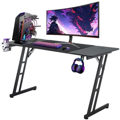 Kidsgigglz Bureau Gaming, Table Gaming, 140x60cm Bureau Gamer avec Plateau en Fibre de Carbone Table Bureau en Forme de Z, Bureau Informatique Ergonomique avec Porte Gobelet et Crochet pour Casque