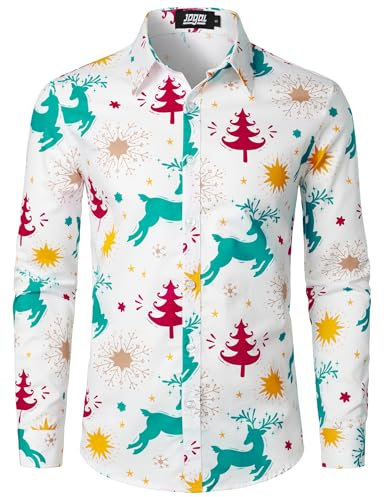 JOGAL Mens Fun Christmas Print Santa Claus Shirts Long Sleeve Button Up Dress Shirts SantaDeer Large White Blue