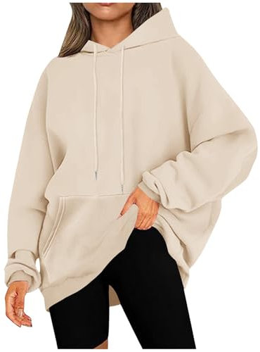 KOG Hoodie für Damen Baumwolle Hooded Sweatshirt Einfarbige Sweatshirt mit Kapuze Warme Oberteil Teenager Mädchen Kapuzenpullover Basic Langarmshirt Mode Vintage Lose Khaki XXL