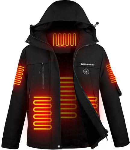 Brimekey Veste Chauffante Homme avec Doublure en Polaire, Blouson Chauffant avec Batterie Externe 7,4V 12000mAh, Veste Imperméable Coupe-vent 6 Zones Chauffantes 3 Niveaux pour Ski Randonnée Camping