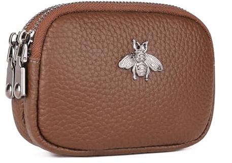 MAVHVAM Ladies Genuine Leather Small Purse for Women Mini Coin Wallets Pouch Campact Credit Card Holder with Double Zip (Brown)