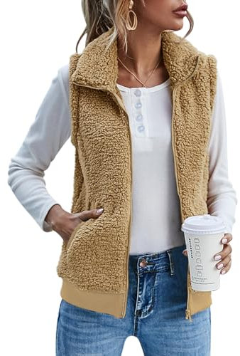 IECCP Teddy, gilet da donna in pile, caldo, senza maniche, per autunno e inverno, casual, leggero, con colletto alto, Khaik, L