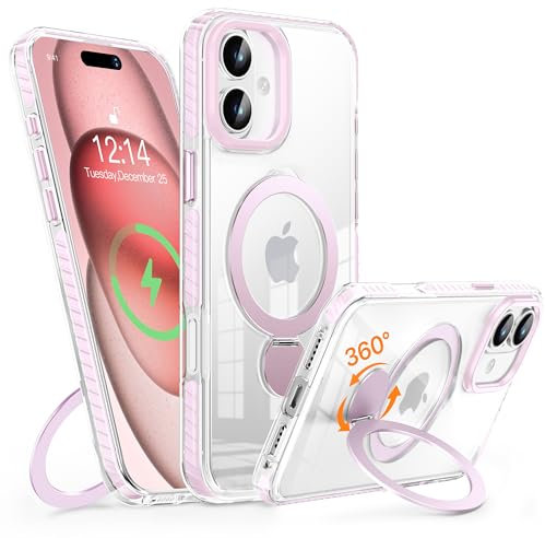 MASOPSK Magnetische Hülle für iPhone 16 mit Ständer, Kompatibel mit MagSafe, Schlankes Kristallklares, Stoßfestes Schutzsystem in Militärqualität, Objektivschutz, 6,1 Zoll (Rosa)