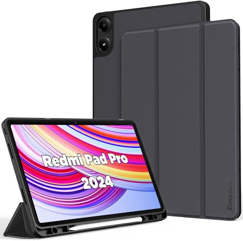 EasyAcc Cover Compatibile con Xiaomi Redmi Pad Pro 12.1 Pollici 2024 | Xiaomi Poco Pad con Portapenne-Ultra Sottile con Cover Leggero Supporto in Pelle PU Case, Grigio