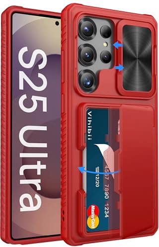 Vihibii pour Coque Samsung Galaxy S25 Ultra avec Porte-Carte & RFID Blocage & Cache Caméra, Protection Militaire Antichoc Étui Bord en Silicone Incassable Case pour Galaxy S25 Ultra 6,9 5G, Rouge