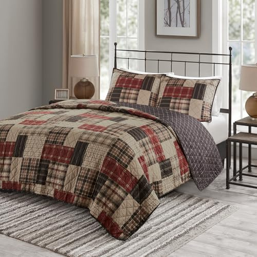 Madison Park Queen Quilt Set Patchwork Farmhouse, Diamond Quilting Reversible Coverlet Set for Queen Size Bed, Plush Cotton Filled Quilt Set Queen Size, Shams Full/Queen Red/Black 3 Piece
