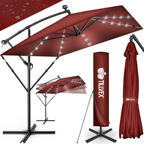tillvex® Sombrilla de Jardín Rectangular Ø 330 cm con Manivela + Funda con Manivela | Sombrilla con soporte & Protección Viento | Parasol mercado impermeable + Protección UV (Rojo - con LED)