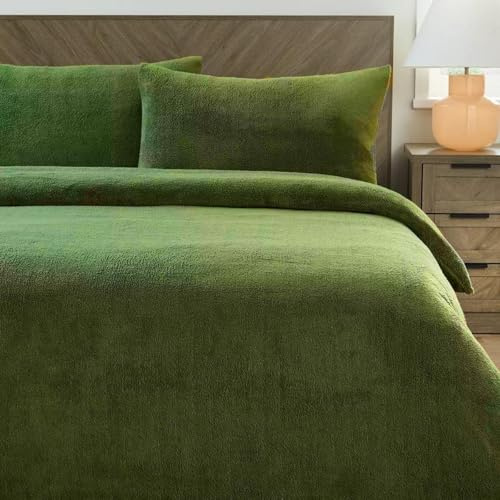 Dolce Vari Teddy Bear Fleece Bedding Set Soft Warm & Cosy Luxury Duvet Cover Set with Pillowcases Quilt Cover Sets Reversible Duvet Sets (Sage-Green, King Duvet Cover Set)