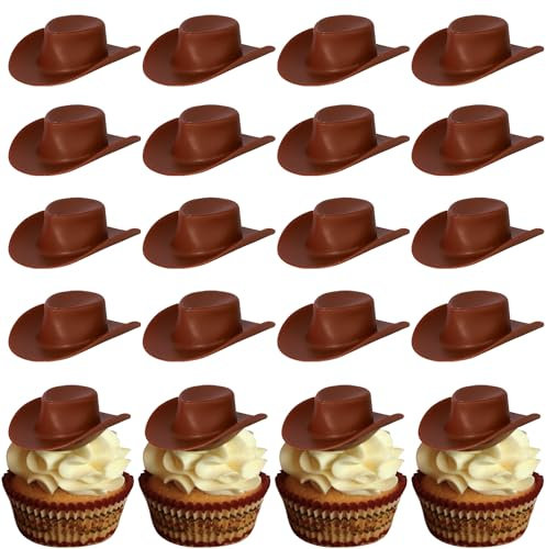 20 Stück Kunststoff Mini Cowboy Hut Tortendeko Western Cowgirl Hut Puppe Hüte Kuchen Deko Cowboy Puppenhaus Cupcake Toppers für Junge Mädchen Geburtstag Party Kuchen Dekoration Braun