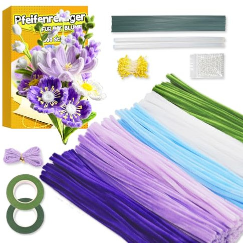 Pfeifenreiniger zum Basteln Set,500 Stück in 6 Farben Pfeifenputzer zum basteln,Pfeifenreiniger blumen Mit Blumenstöcke,Klebebandrollen,Klebestifte,Anleitungen,Staubgefäße,Lidschatten（Lila）