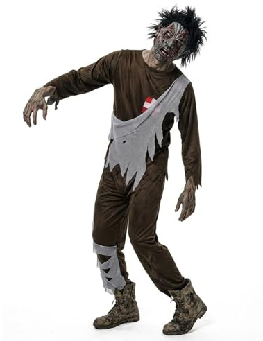Living Dead Disfraz de zombi para adultos y hombres, disfraz de terror de muertos vivientes con máscara para Halloween, cosplay, carnaval y carnaval