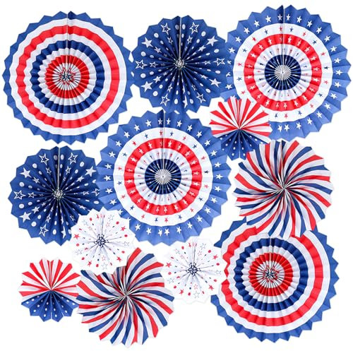 12Pcs Patriotic Party Decorations Set, Independence Day Party Supplies, American Flag Supplies Hanging Paper Fans, Star Streamers, Paper Flower Balls, USA Flag Pennant Bunting for Home Decor